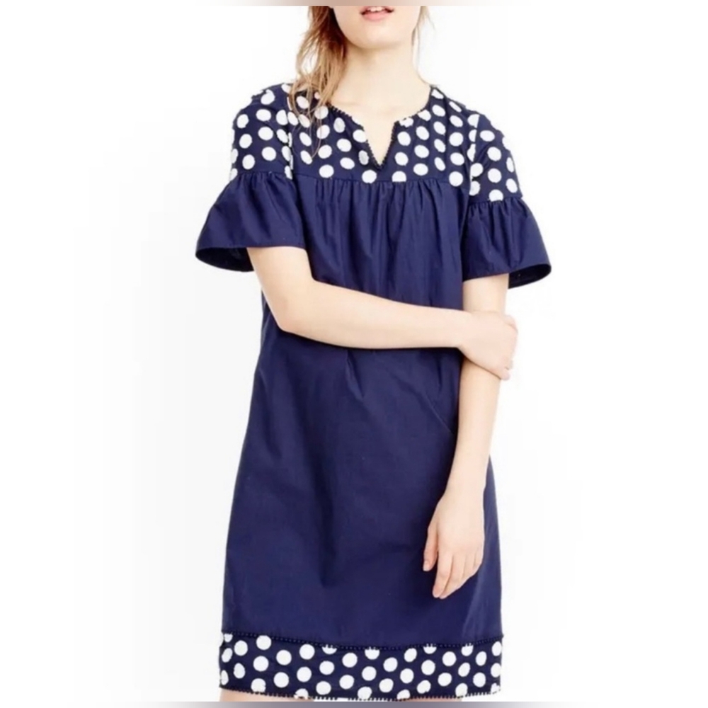 J. Crew Women's Bell Sleeve Dress With Fringe Dot Navy & Cream Size 8 - Picture 2 of 10
